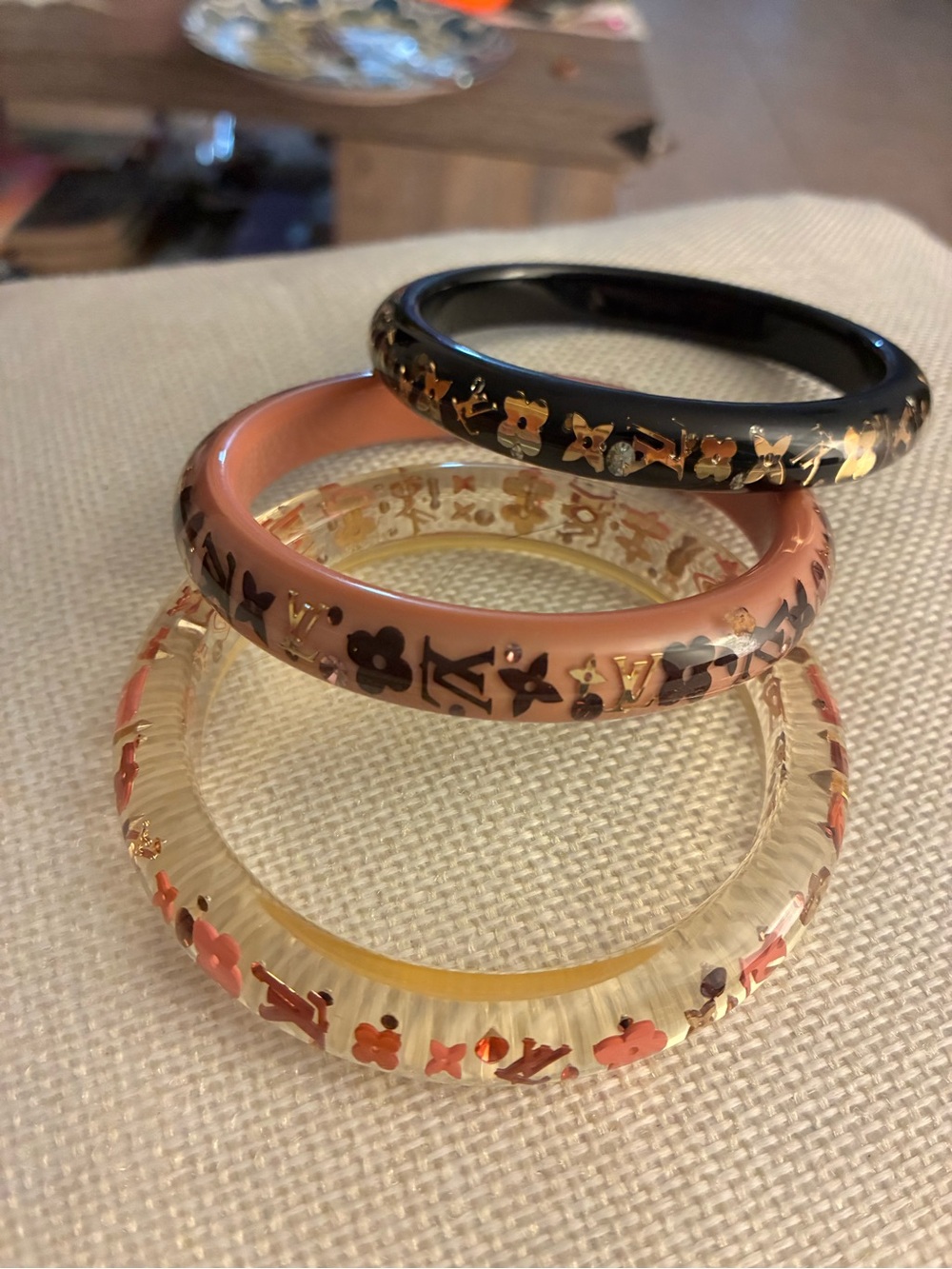 Louis Vuitton Resin Bangle Set in Black, Pink and Clear with Gold Motifs